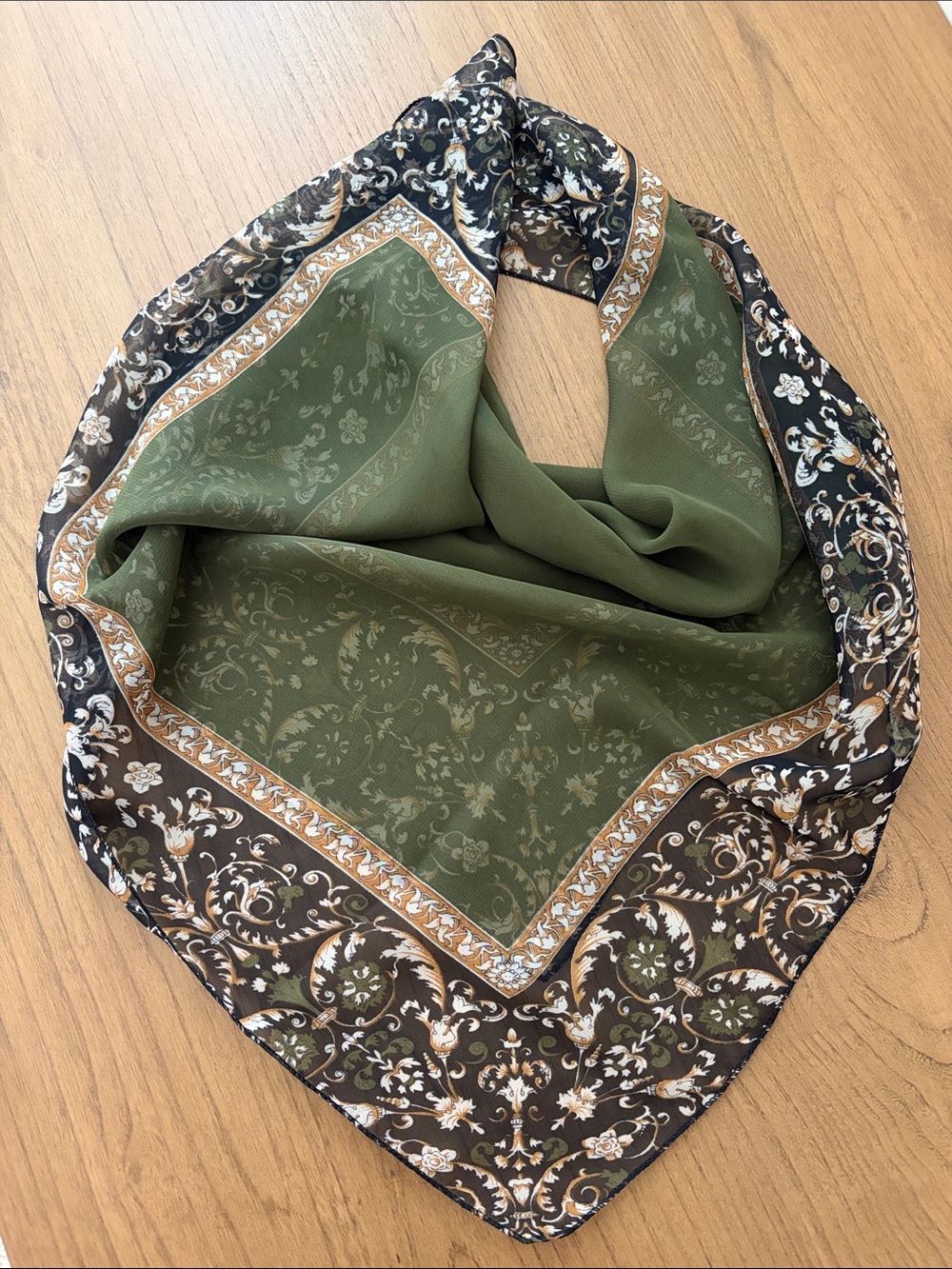 Silk-Feel Olive Green and Black Patterned Scarf - Women Accessories